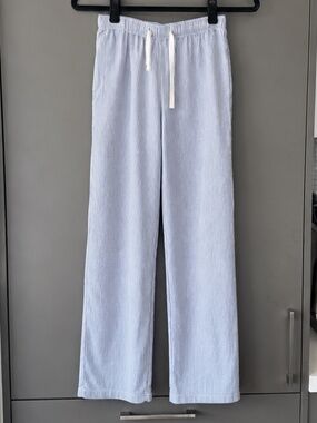 Blue & White Striped 100% Cotton Pajama Pants | XS Poplin-Style PJ Pants Casual